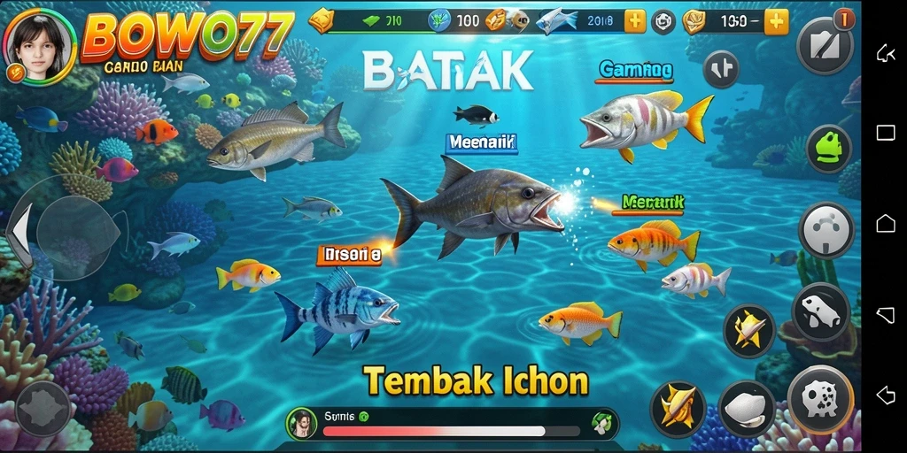 Tampilan gameplay seru dalam BOWO77 saat menangkap ikan.