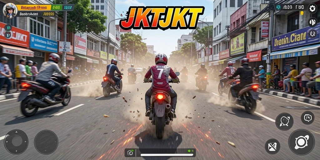 Screenshot menampilkan aksi balapan Motor Racing di JKTJKT yang mengasyikkan.