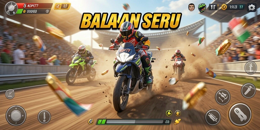 Tampilan gameplay seru dari KOPI77 dengan mobil balap yang melaju kencang.