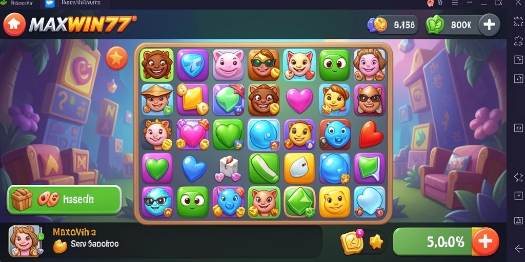 Screenshot menunjukkan gameplay seru MAXWIN77 dengan pencocokan permata.