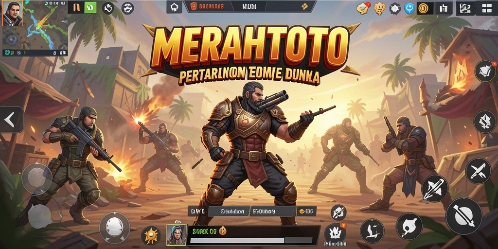 Screenshot gameplay MERAHTOTO menampilkan pertempuran seru di arena Battle Royale.