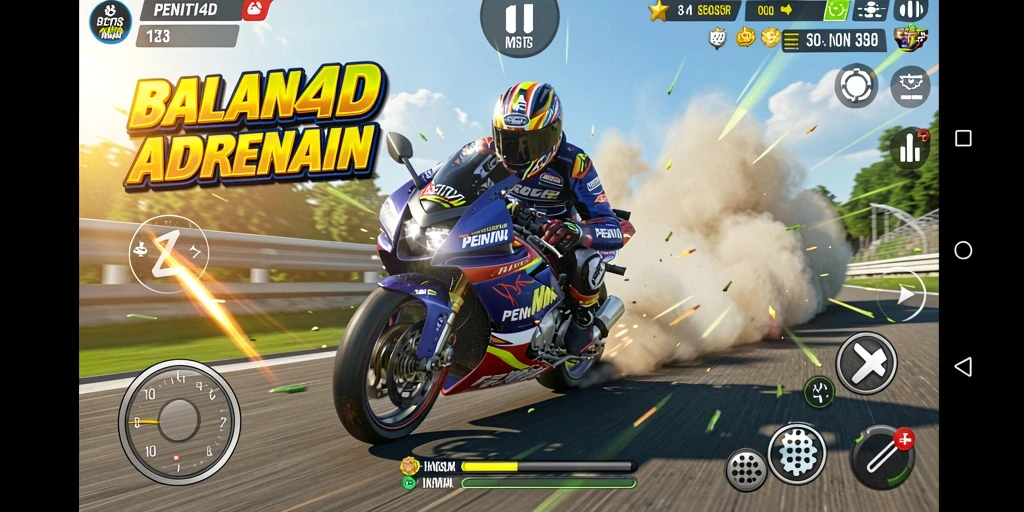 Gameplay seru PENITI4D dengan balapan motor yang mendebarkan.