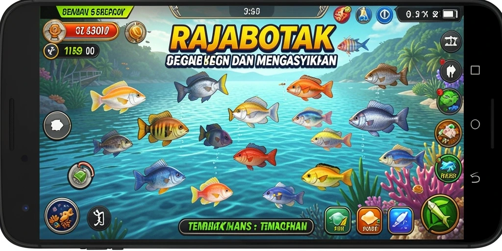 Screenshot gameplay RAJABOTAK yang menggambarkan aksi menembak ikan.