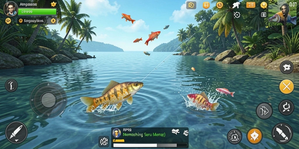 Screenshot gameplay RP99 menampilkan petualangan memancing yang seru.
