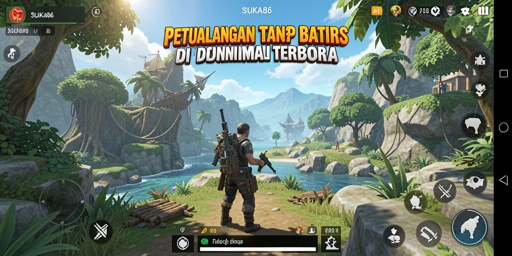 Screenshot gameplay SUKA86 menampilkan eksplorasi dunia terbuka yang spektakuler.
